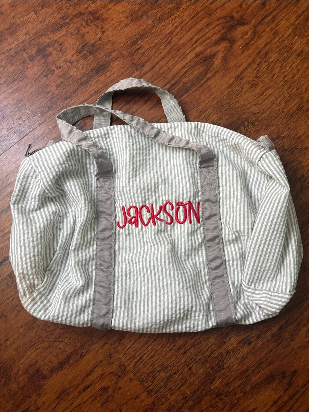Personalized Kids Tote Bag in White and Gray with Red Embroidery